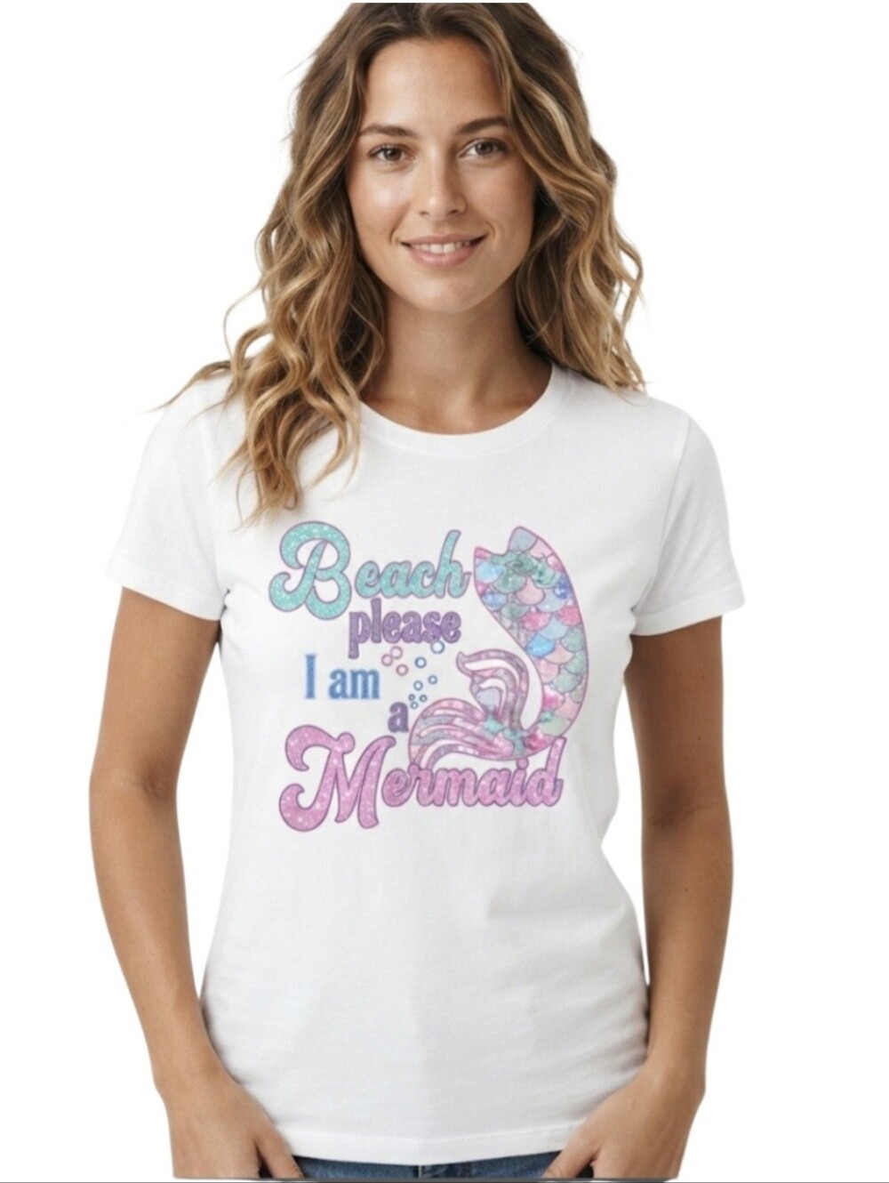 Upcycled Beach Please Mermaid Tshirt M White Coastal Summer Vacation Graphic Tee
